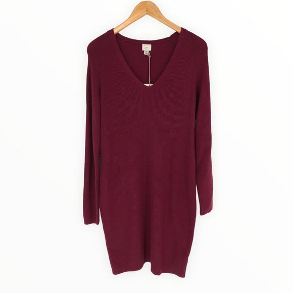 A New Day Burgundy Ribbed Knit Long Sleeve Sweaterdress size XS NWT - Picture 2 of 11